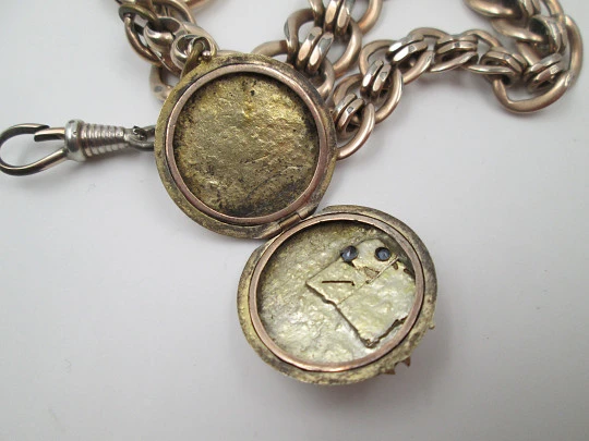 Pocket watch chain. Braided links. Gold plated. Picture frame pendant. 1910