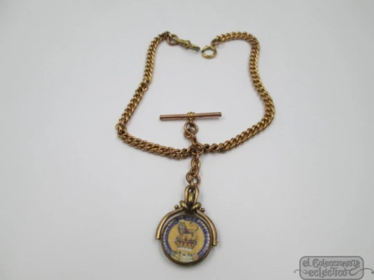 Pocket watch chain. Gold plated. George IV shilling pendant