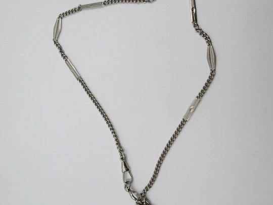 Pocket watch chain. Silver plated metal. Rhombuses and rectangles. Spring ring. 1960's