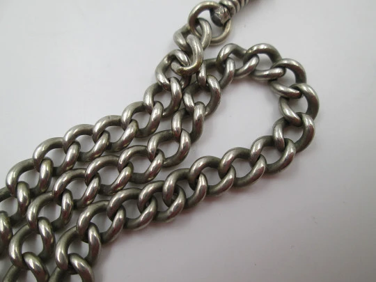 Pocket watch curb flat link chain. Sterling silver. Carabiner clasp. Europe. 1900's