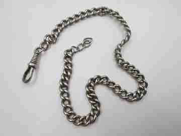 Pocket watch curb flat link chain. Sterling silver. Carabiner clasp. Europe. 1900's