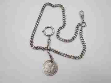 Pocket watch curb flat link chain. Sterling silver. Peseta coin pendant. 1900's. Europe