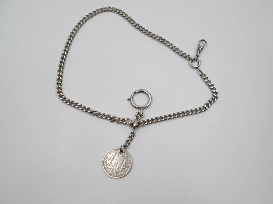Pocket watch curb flat link chain. Sterling silver. Peseta coin pendant. 1900's. Europe
