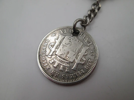 Pocket watch curb flat link chain. Sterling silver. Peseta coin pendant. 1900's. Europe
