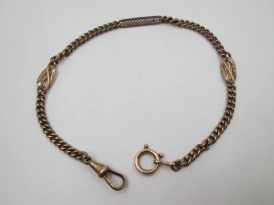 Pocket watch curb link chain. Gold plated metal. Ovals and rectangle. Europe. 1940's