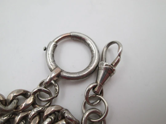 Pocket watch curb link chain. Silver and pink gold. Spring ring & lobster clasp. 1900's