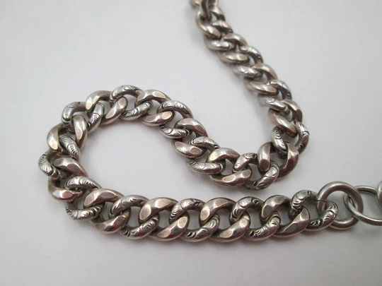 Pocket watch curb link chain. Silver and pink gold. Spring ring & lobster clasp. 1900's