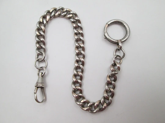 Pocket watch curb link chain. Silver and pink gold. Spring ring & lobster clasp. 1900's