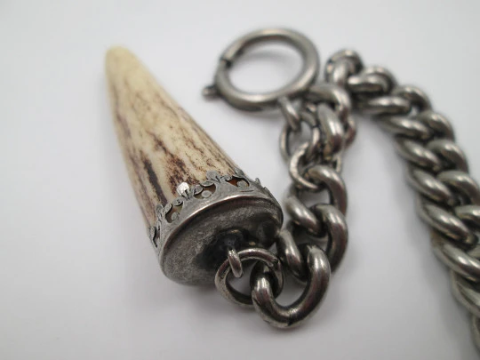 Pocket watch curb link chain. Silver plated metal. Horn pendant. Spring ring clasp. 1940's