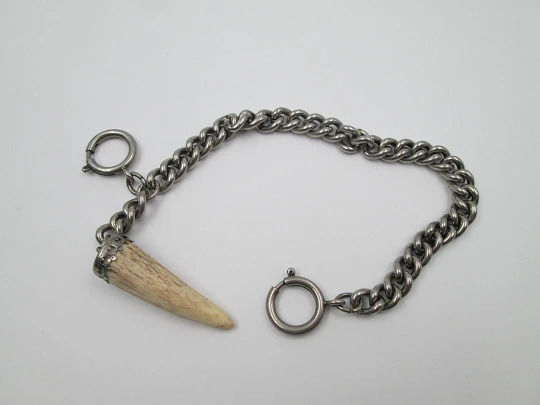 Pocket watch curb link chain. Silver plated metal. Horn pendant. Spring ring clasp. 1940's