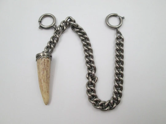 Pocket watch curb link chain. Silver plated metal. Horn pendant. Spring ring clasp. 1940's