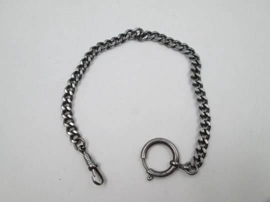 Pocket watch curb link chain. Silver plated metal. Spring ring clasp & carabiner. 1950's