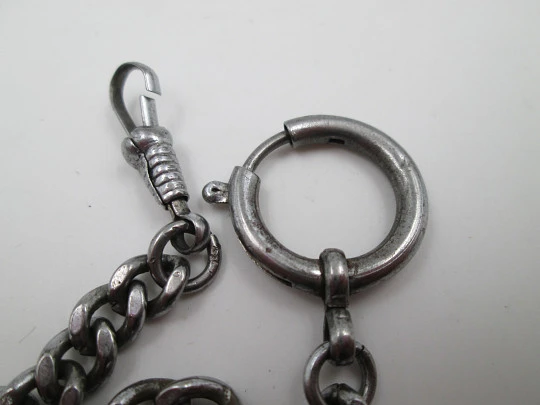 Pocket watch curb link chain. Silver plated metal. Spring ring clasp & carabiner. 1950's