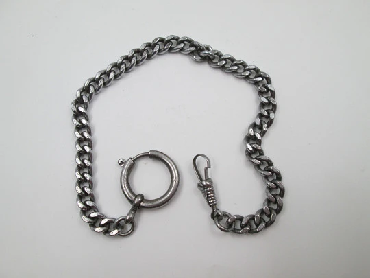 Pocket watch curb link chain. Silver plated metal. Spring ring clasp & carabiner. 1950's