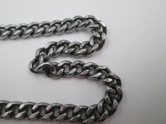 Pocket watch curb link chain. Silver plated metal. Spring ring clasp & carabiner. 1950's