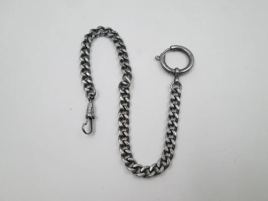 Pocket watch curb link chain. Silver plated metal. Spring ring clasp & carabiner. 1950's