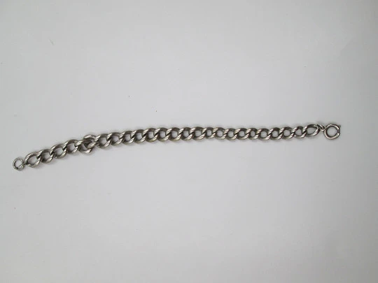 Pocket watch curb link chain. Sterling silver. Spring ring clasp. Linear motifs. Europe. 1900's