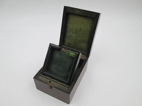 Pocket watch display stand box. Wood and bronze details. 1910's. Europe