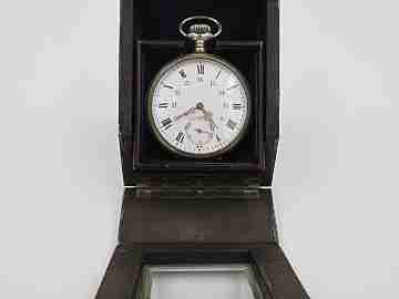 Pocket watch exhibition table box. Wood, bronze and beveled glass. 1910'a