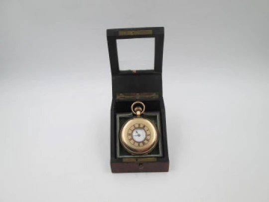 Pocket watch exhibition table box. Wood, bronze and nacre ornates. 1910's. Europe