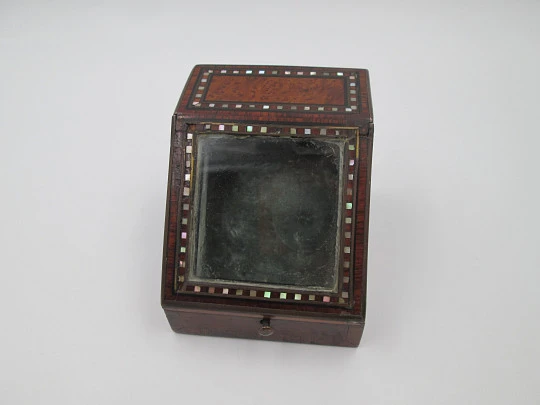 Pocket watch exhibition table box. Wood, bronze and nacre ornates. 1910's. Europe