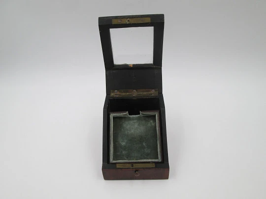 Pocket watch exhibition table box. Wood, bronze and nacre ornates. 1910's. Europe