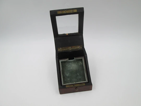 Pocket watch exhibition table box. Wood, bronze and nacre ornates. 1910's. Europe