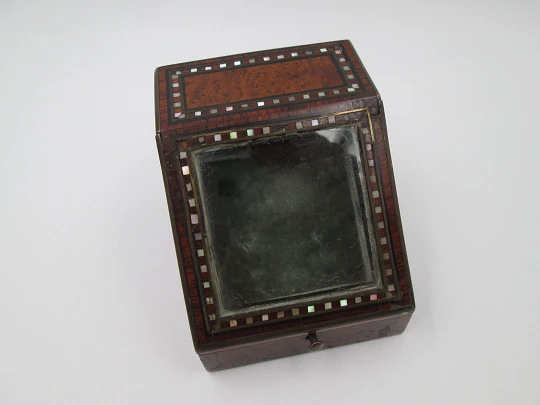 Pocket watch exhibition table box. Wood, bronze and nacre ornates. 1910's. Europe