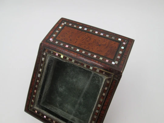 Pocket watch exhibition table box. Wood, bronze and nacre ornates. 1910's. Europe