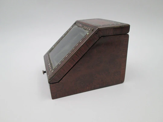 Pocket watch exhibition table box. Wood, bronze and nacre ornates. 1910's. Europe