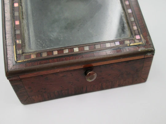 Pocket watch exhibition table box. Wood, bronze and nacre ornates. 1910's. Europe