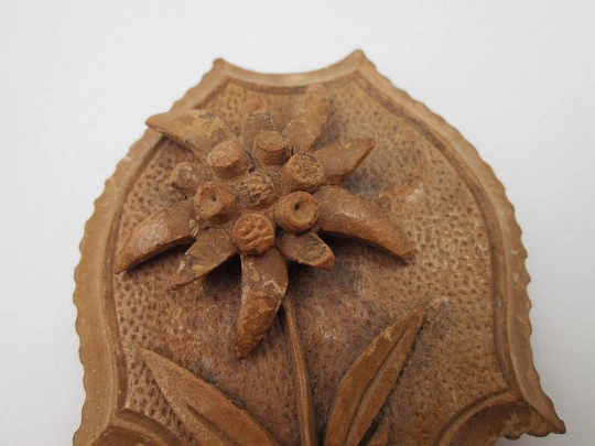 Pocket watch exhibition travel wood box. Articulated lid. Relief floral motif. Europe