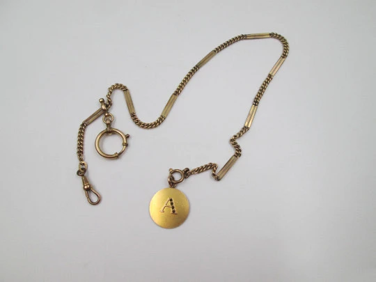 Pocket watch gold plated chain. Links & openwork rectangles. A letter pendant. 1940's