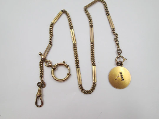 Pocket watch gold plated chain. Links & openwork rectangles. A letter pendant. 1940's
