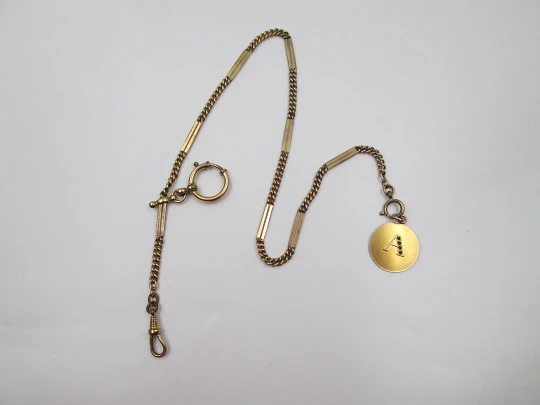 Pocket watch gold plated chain. Links & openwork rectangles. A letter pendant. 1940's