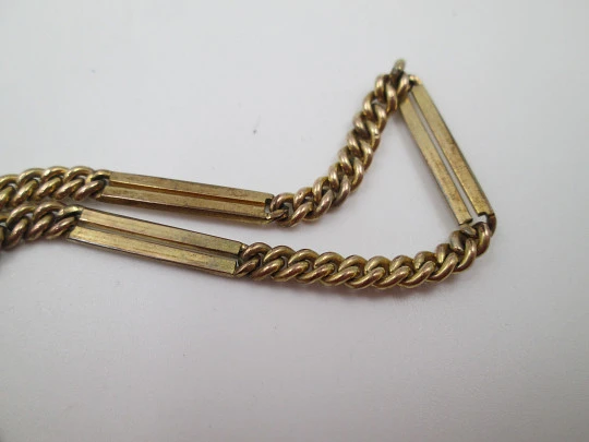 Pocket watch gold plated chain. Links & openwork rectangles. A letter pendant. 1940's