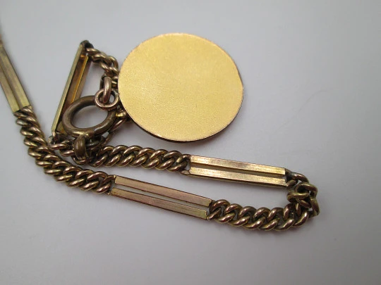 Pocket watch gold plated chain. Links & openwork rectangles. A letter pendant. 1940's