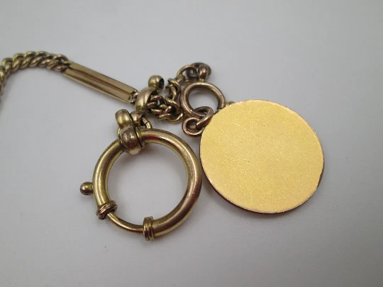 Pocket watch gold plated chain. Links & openwork rectangles. A letter pendant. 1940's
