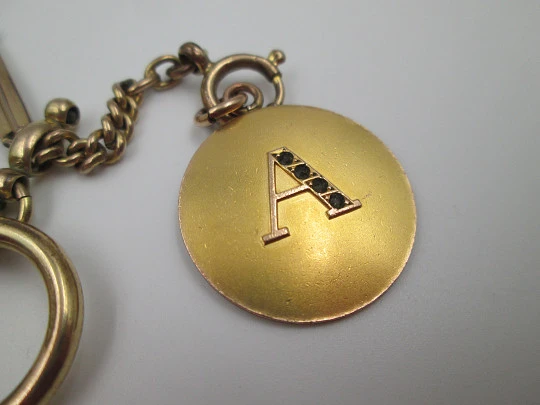 Pocket watch gold plated chain. Links & openwork rectangles. A letter pendant. 1940's