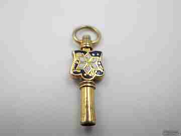Pocket watch key fob. 14K gold and colour enamel. 19th century