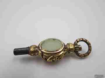 Pocket watch key fob. Gold plated. 19th century. Colour stones