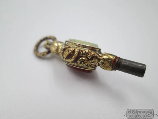 Pocket watch key fob. Gold plated. 19th century. Colour stones