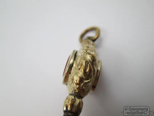 Pocket watch key fob. Gold plated. 19th century. Colour stones and leaves