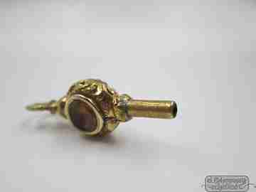 Pocket watch key fob. Gold plated. 19th century. Grey and amber stones