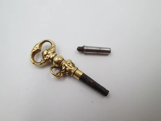 Pocket watch key. 18 karat yellow gold. Flowers and leaves. 1880's. Europe