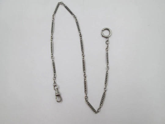 Pocket watch link chain. Sterling silver. Braided rectangles. Lobster clasp. 1930's
