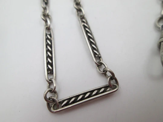 Pocket watch link chain. Sterling silver. Braided rectangles. Lobster clasp. 1930's
