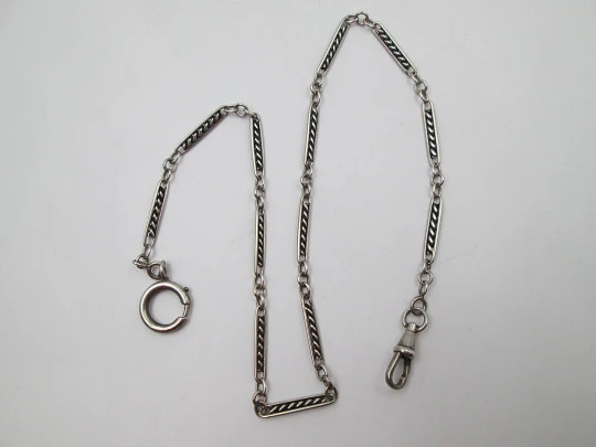 Pocket watch link chain. Sterling silver. Braided rectangles. Lobster clasp. 1930's