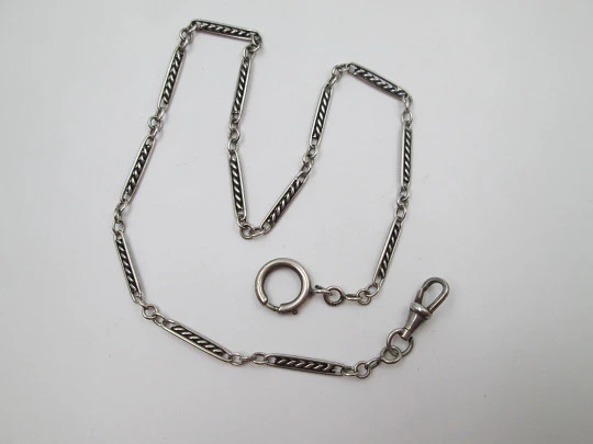 Pocket watch link chain. Sterling silver. Braided rectangles. Lobster clasp. 1930's