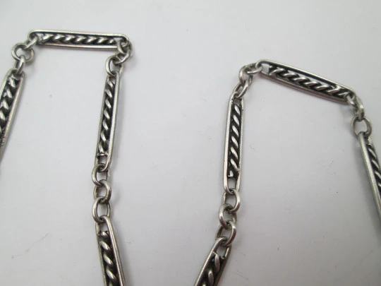 Pocket watch link chain. Sterling silver. Braided rectangles. Lobster clasp. 1930's